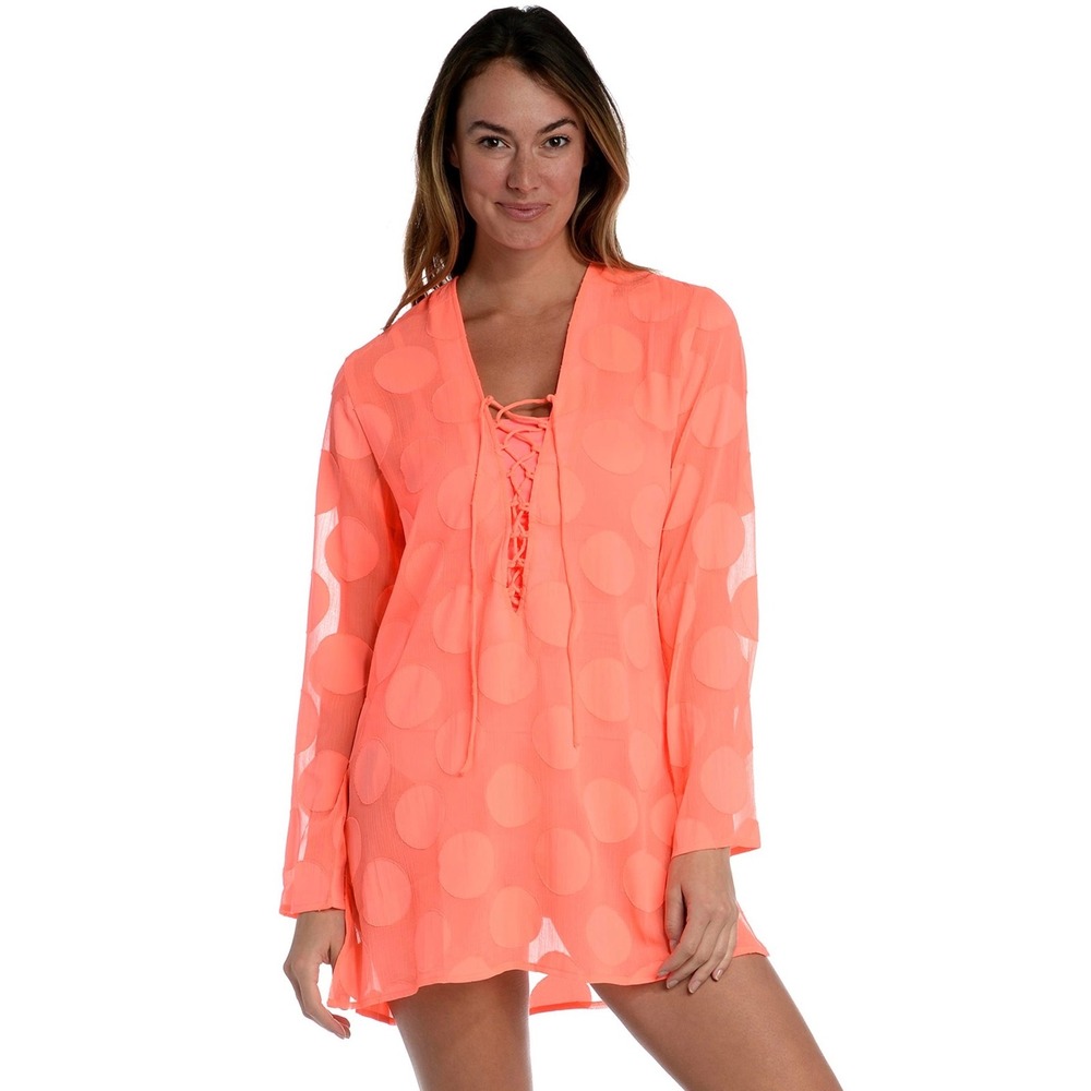 La Blanca Neon Coral Pink Lace Up Polka Dot Burnout Swim Cover Up Tunic Size M